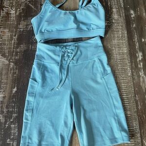 Light Blue Ribbed Lace-Up High-Waist active set